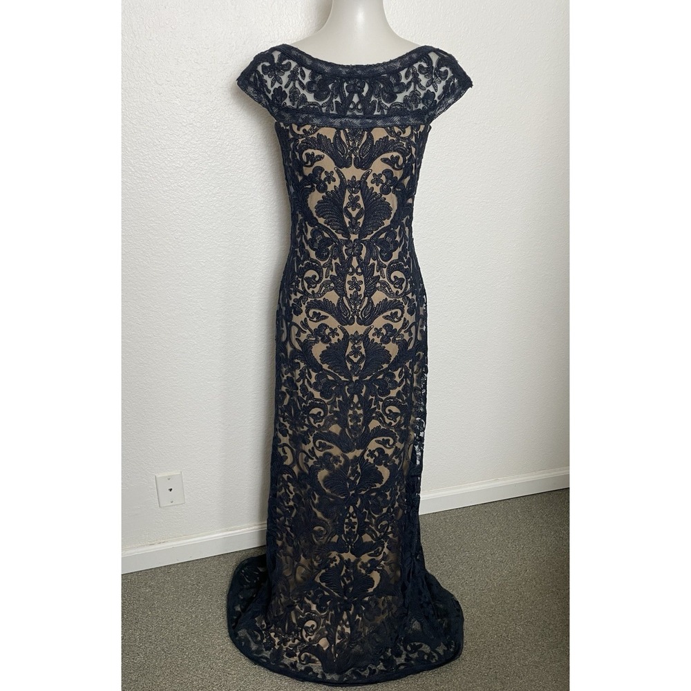 Tadashi Shoji Gown Women 6 Column Illusion Dress Floral Lace Eveningwear